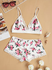 Floral Print Pajama Set Deep V Crop Cami Top & Lace Trim Shorts