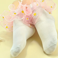 2 Pairs Girls Kids Sun Flower Lace Ruffled Soft Elastic Socks