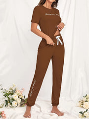 Letter Pattern Lounge Set Short Sleeve Round Neck Top & Loose Bow