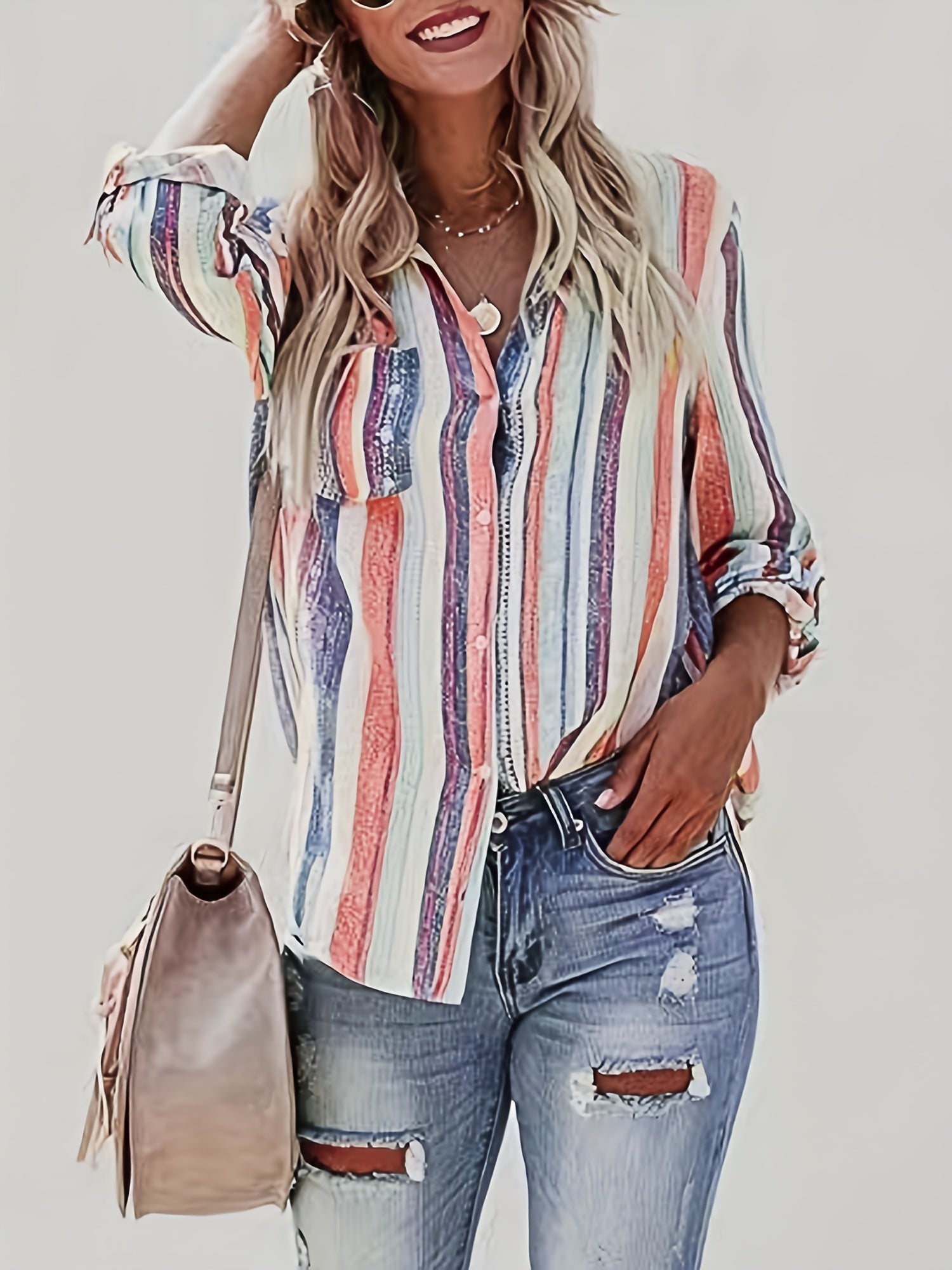 Casual Blouse Women's Plus Stripe Print Button Up Shirt