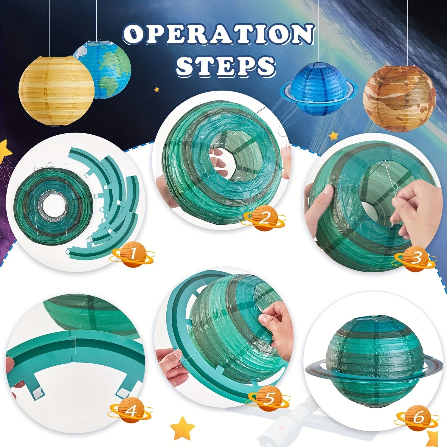 8pcs Outer Space Party Decorations - Hanging Planet Paper Lanterns