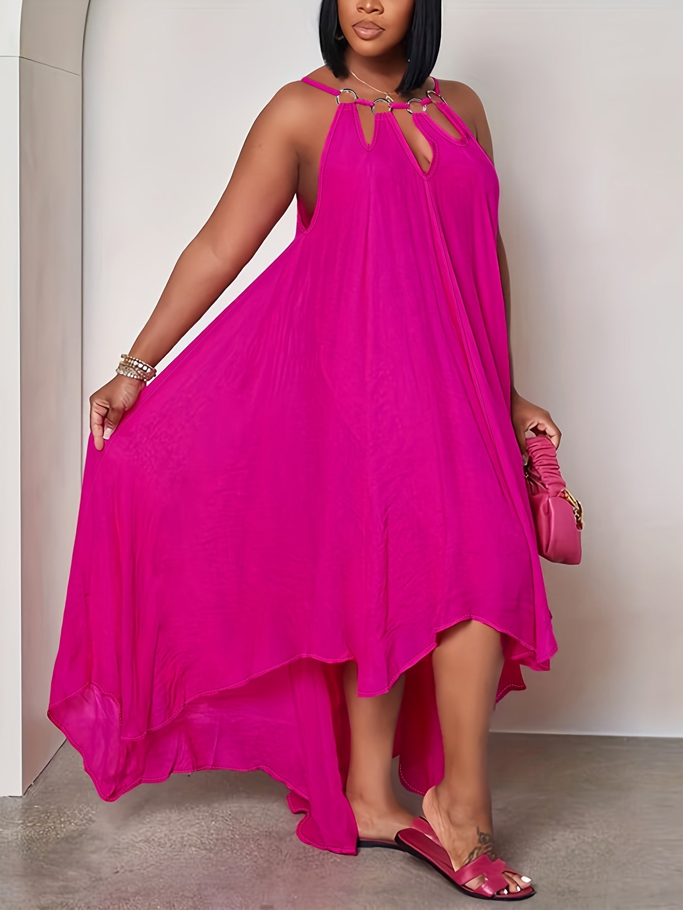 Sexy Plus Solid Halter Dress Asymmetric Trim M