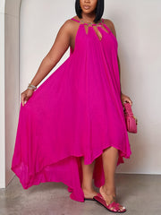 Sexy Plus Solid Halter Dress Asymmetric Trim M
