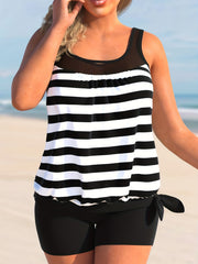 Ribbed Stripe Tankini Set High Stretch Top & Shorts Two Piece