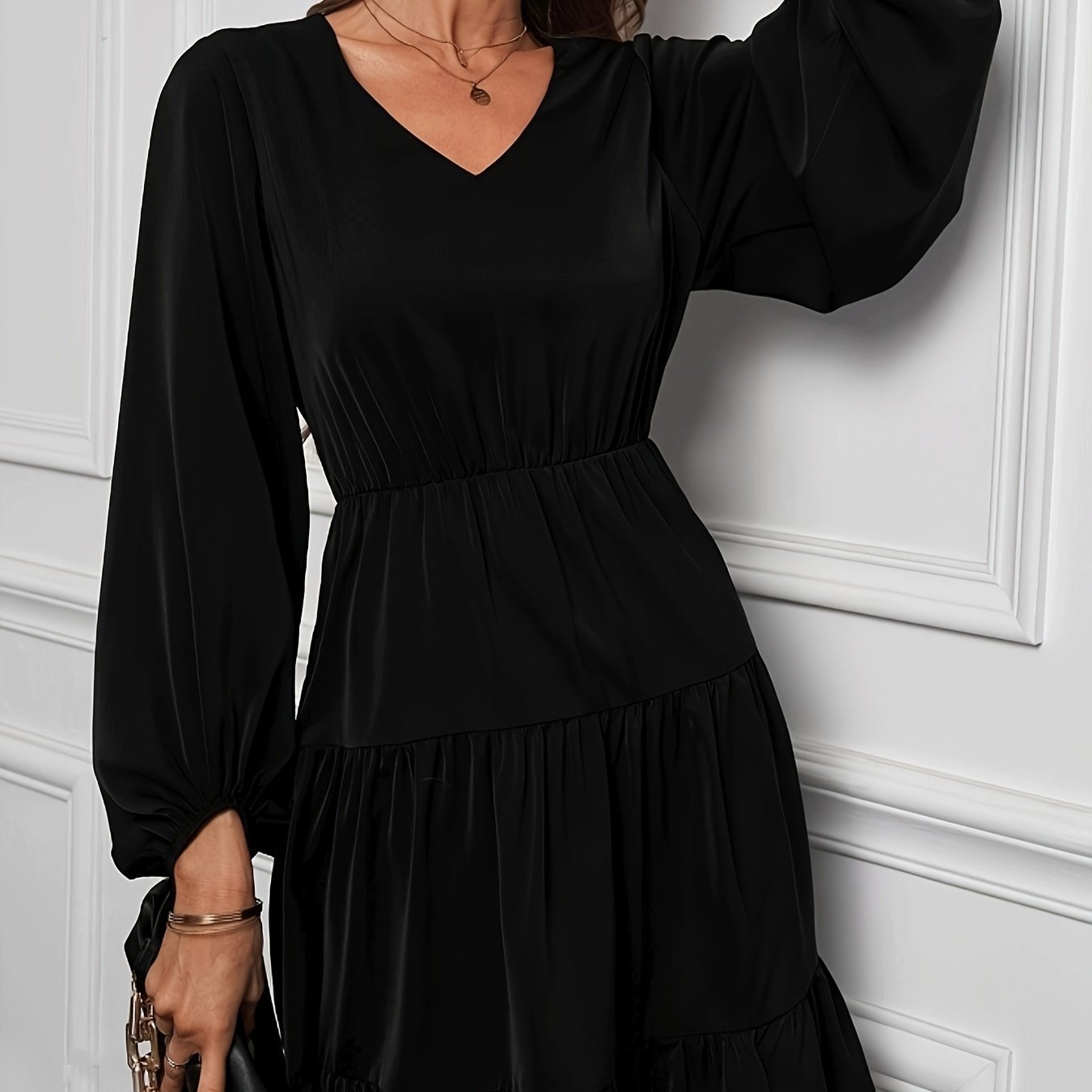 Lantern Sleeve V Neck Smock Dress