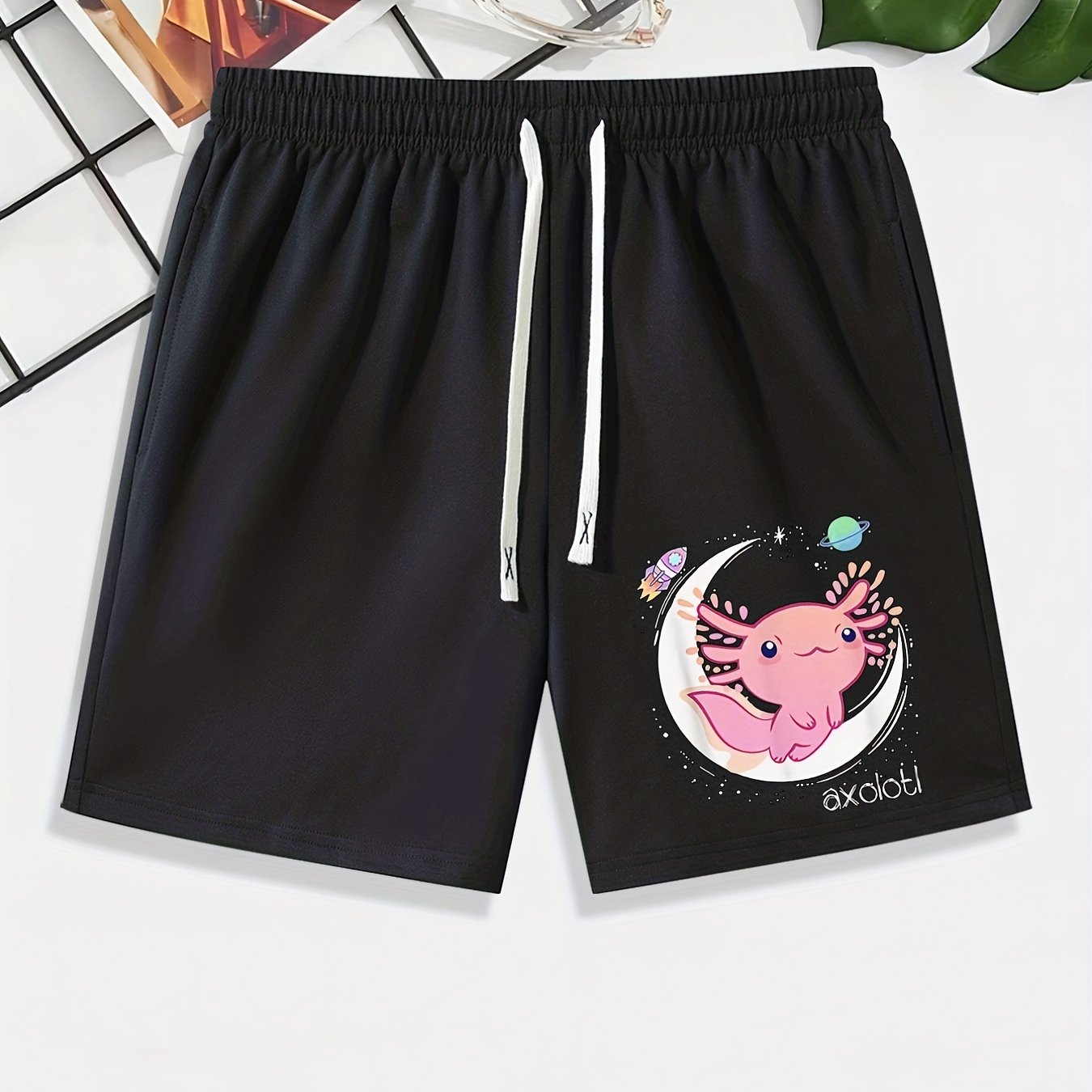 Axolotl Moon Rocket Pattern Comfy Men's Casual Elastic Waist Shorts