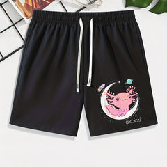 Axolotl Moon Rocket Pattern Comfy Men's Casual Elastic Waist Shorts