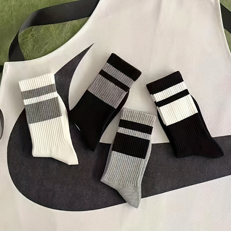 4 Pairs Striped Crew Socks All Match Stockings Women's Hosiery
