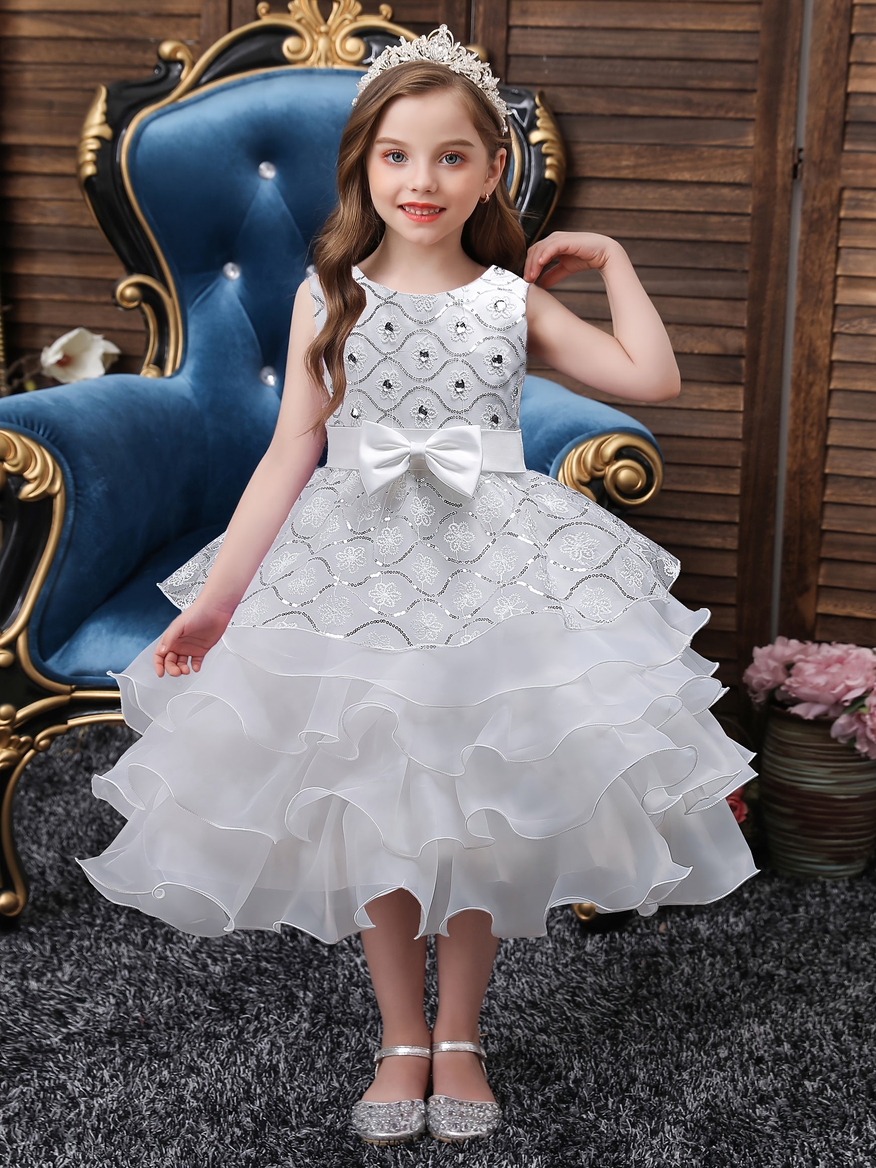 Girls Floral Embroidery Bowknot Sleeveless Princess Dress