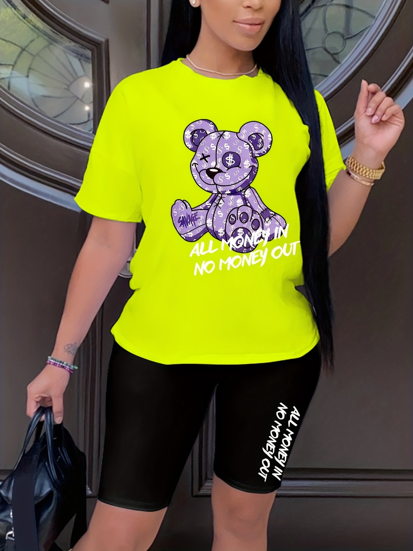 Bear & Letter Print Matching Two piece Set Short Sleeve T shirt & Skinny Shorts