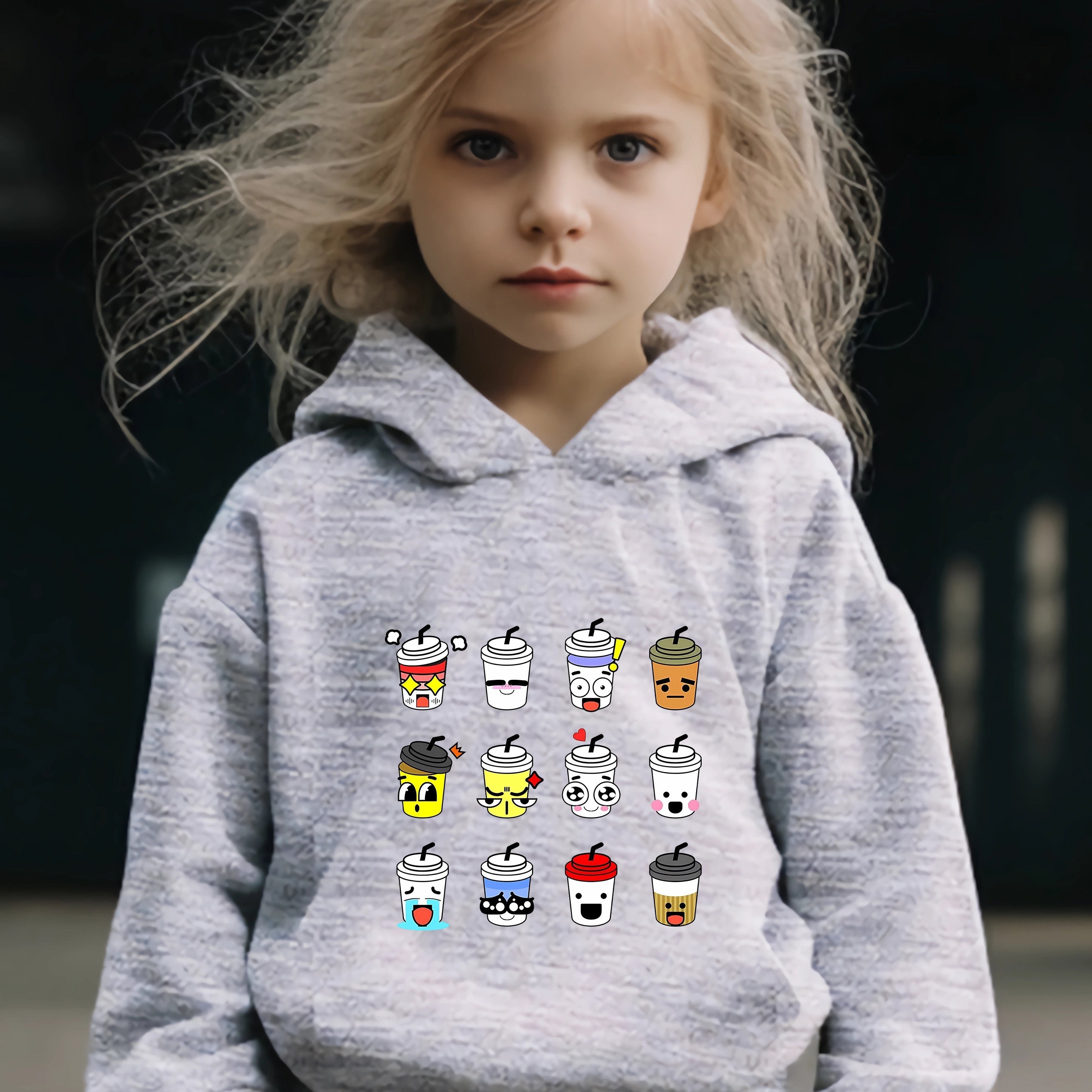 Kids Cartoon Coffee Cups Print Hoodie & Pants Set