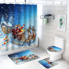 Christmas Shower Curtain Set Santa Reindeer Snowman Print Toilet Seat Cover
