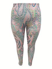 Boho Leggings Women's Plus Paisley Print Elastic High Rise