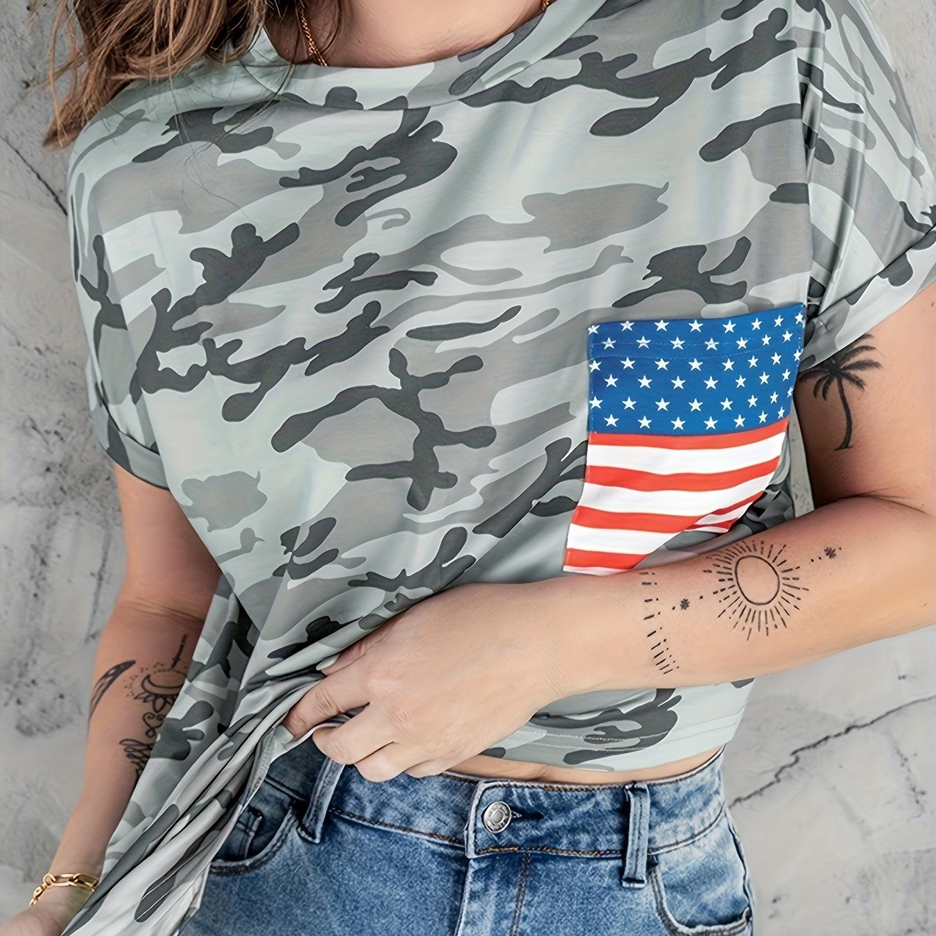 Camouflage Print Crew Neck T shirts With American Flag T shirts