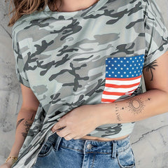 Camouflage Print Crew Neck T shirts With American Flag T shirts