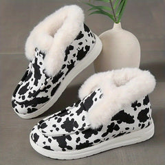 Women's Cow Print Warm Snow Shoes Soft Outdoor Ankle Shoes