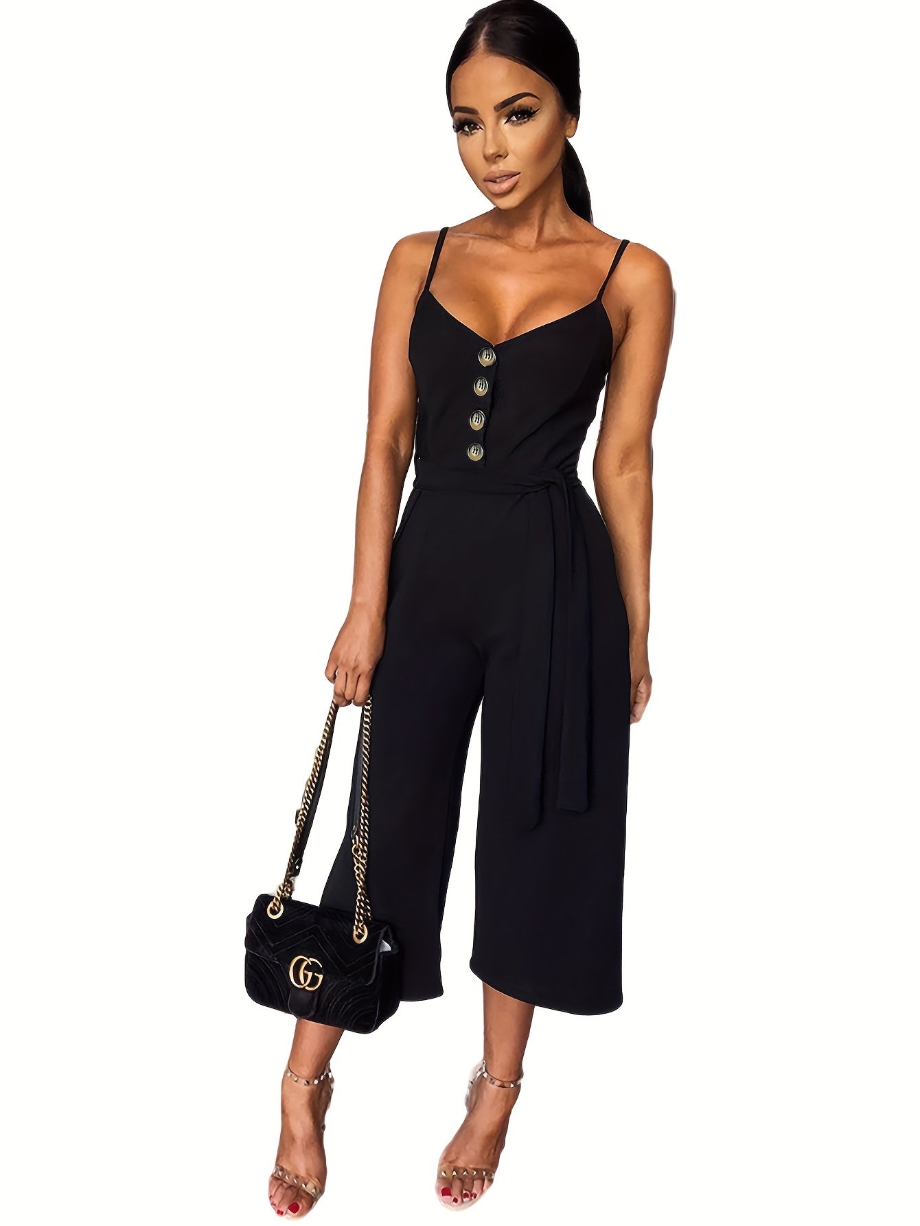 Button Front Cami Jumpsuit Backless Casual Jumpsuit