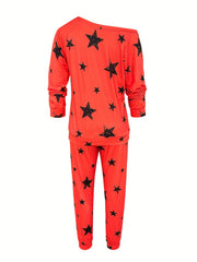 Star Print Two Piece Set Crew Neck Long Sleeve Top & Pants Outfit