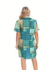 Women's Plus Denim Print Zipper Short Sleeve Turn Down Collar Dress