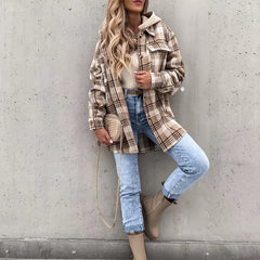 Preppy Button Plaid Drop Shoulder Jacket