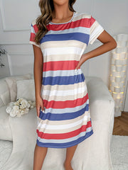 Striped Print Lounge Dresses Soft & Comfy Short Sleeve Home Dress