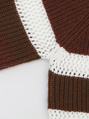 Striped Crew Neck Eyelet Crop Sweater Casual Long Sleeve Raglan Shoulder Sweater