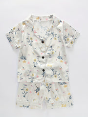 2pcs Kid's Floral Satin Pajama Set Short Sleeve Button Front Top & Shorts
