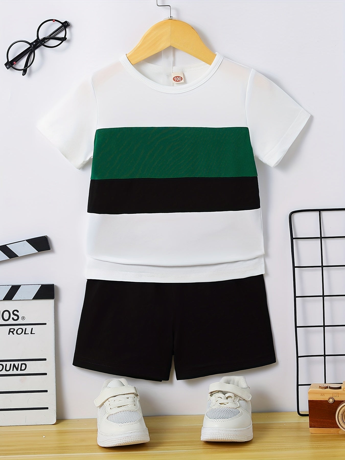 Boys 2pcs T shirt & Shorts Set Stripe Print Crew Neck Top Casual Summer