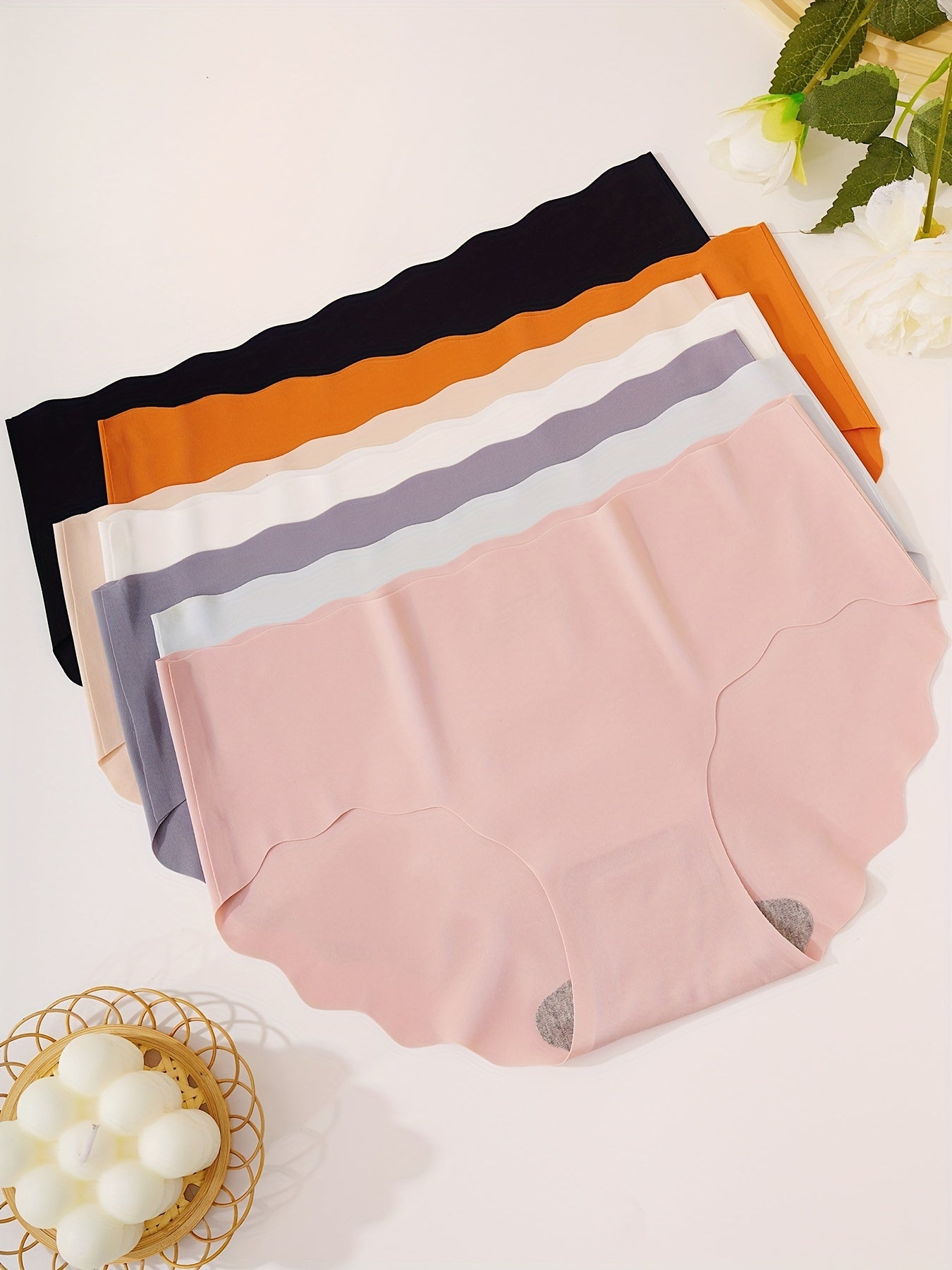 7pcs Seamless Scallop Trim Briefs Solid Panties Women's Lingerie