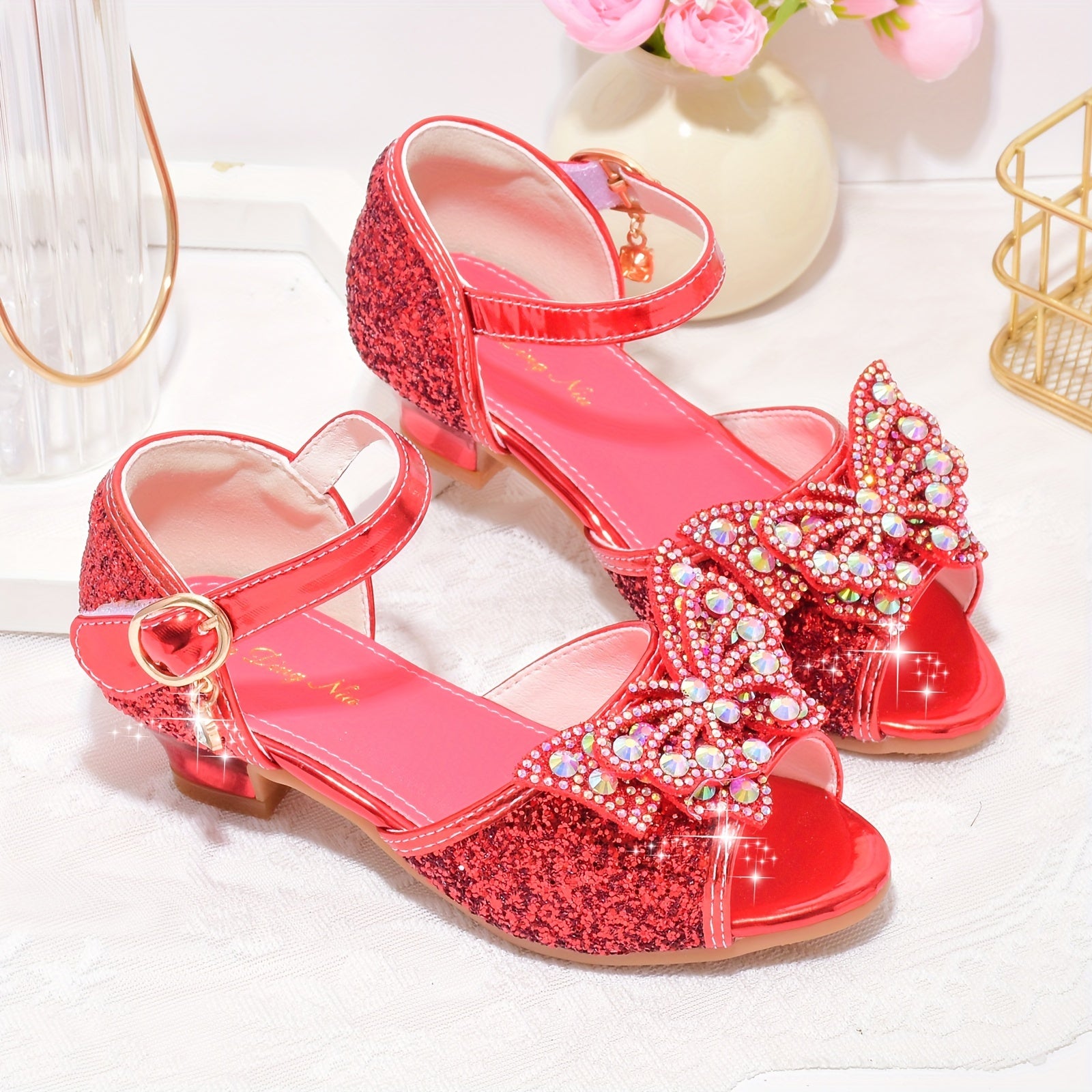 Butterfly Sequin High Heeled Sandals for Girls Lightweight Dress Shoes