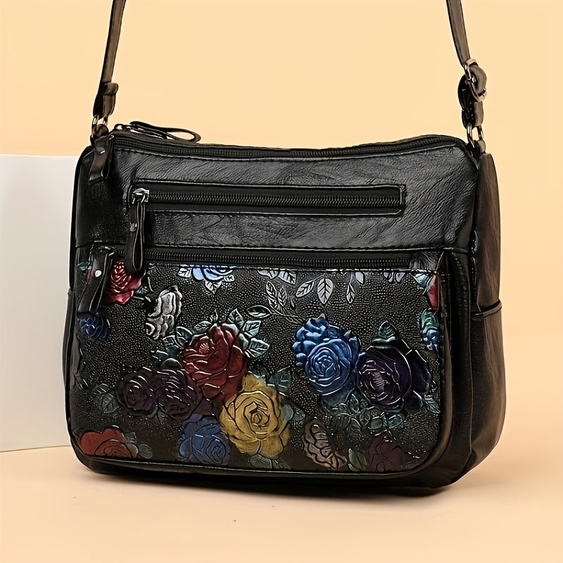 Vintage Flower Embossed Hobo Shoulder Bag Solid Crossbody Bag