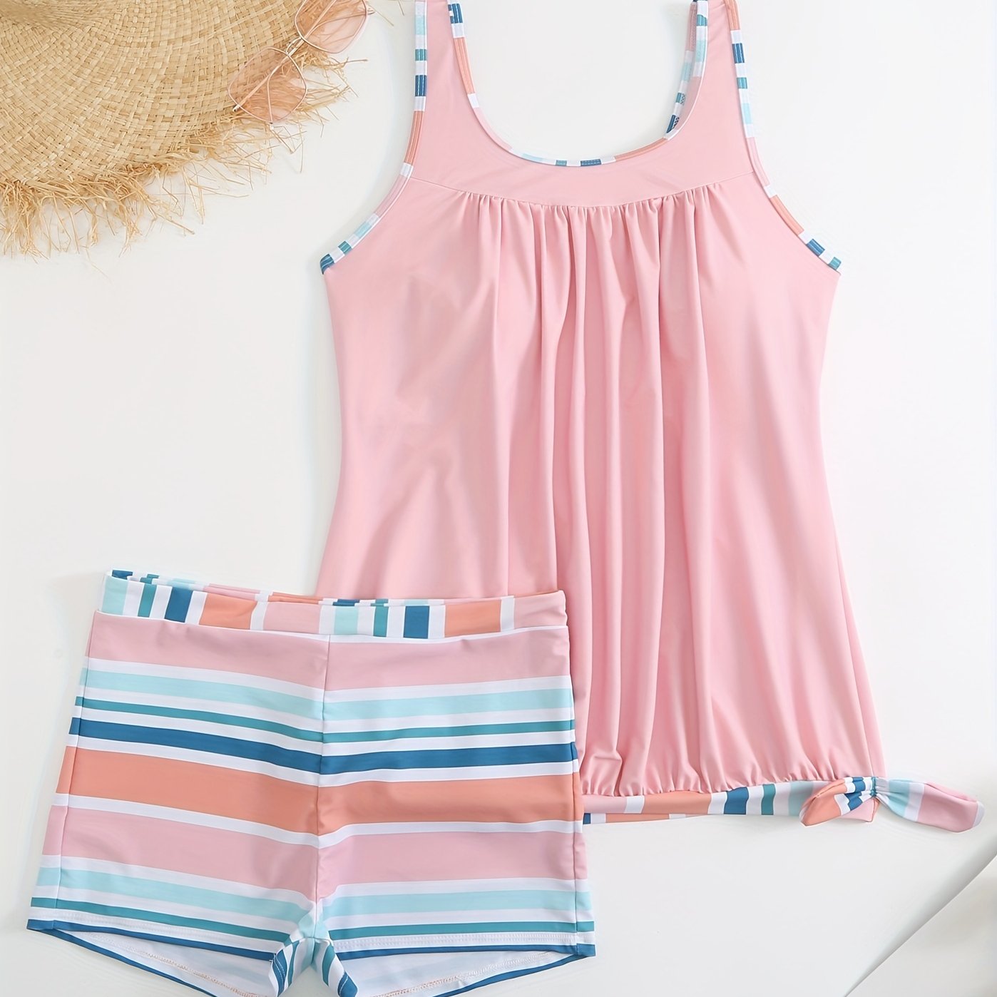 Modest Tankini Set Women's Plus Stripe Print Ruched Tank Top & Shorts