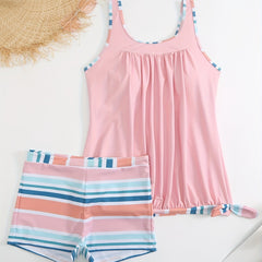 Modest Tankini Set Women's Plus Stripe Print Ruched Tank Top & Shorts
