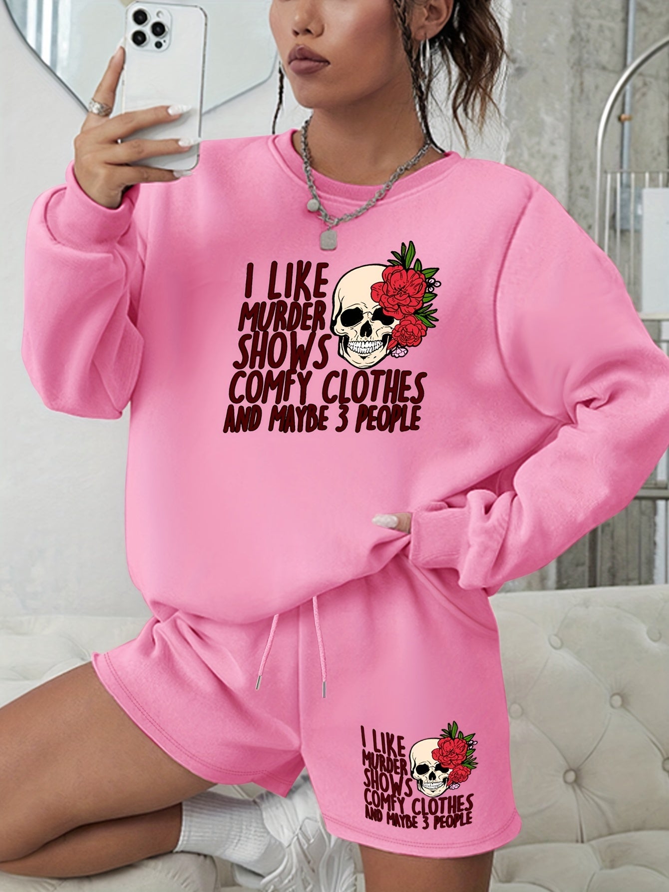 Halloween Graphic Print Sweatshirt & Shorts Set