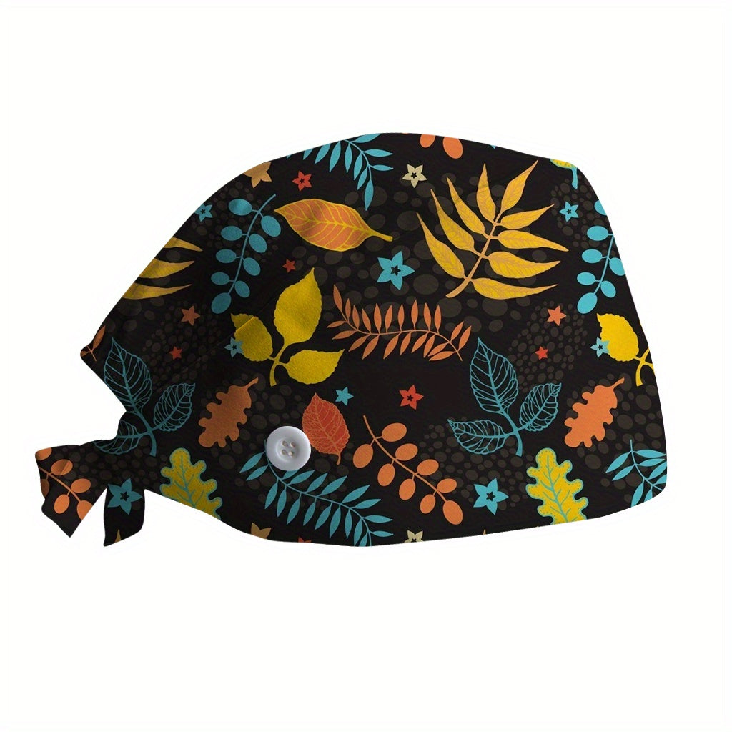 Cartoon Leaf Print Nurse Hat Adjustable Lightweight Scrub Cap