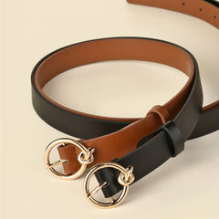 2pcs Round Buckle Belt Classic Solid PU Leather Waist Belt Women