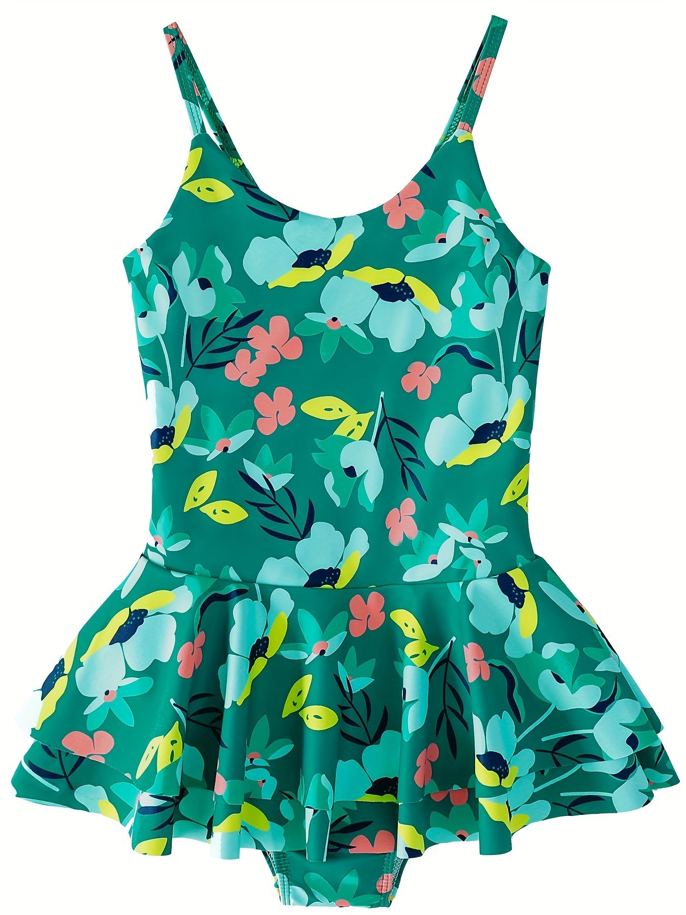 Girls' Floral & Leaves Print Swimsuit for Pool Parties