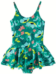 Girls' Floral & Leaves Print Swimsuit for Pool Parties