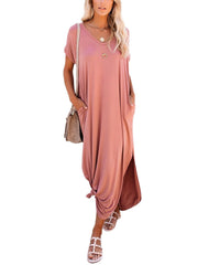 Solid Pocket Short Sleeve Crew Neck Dress Women's Clothing
