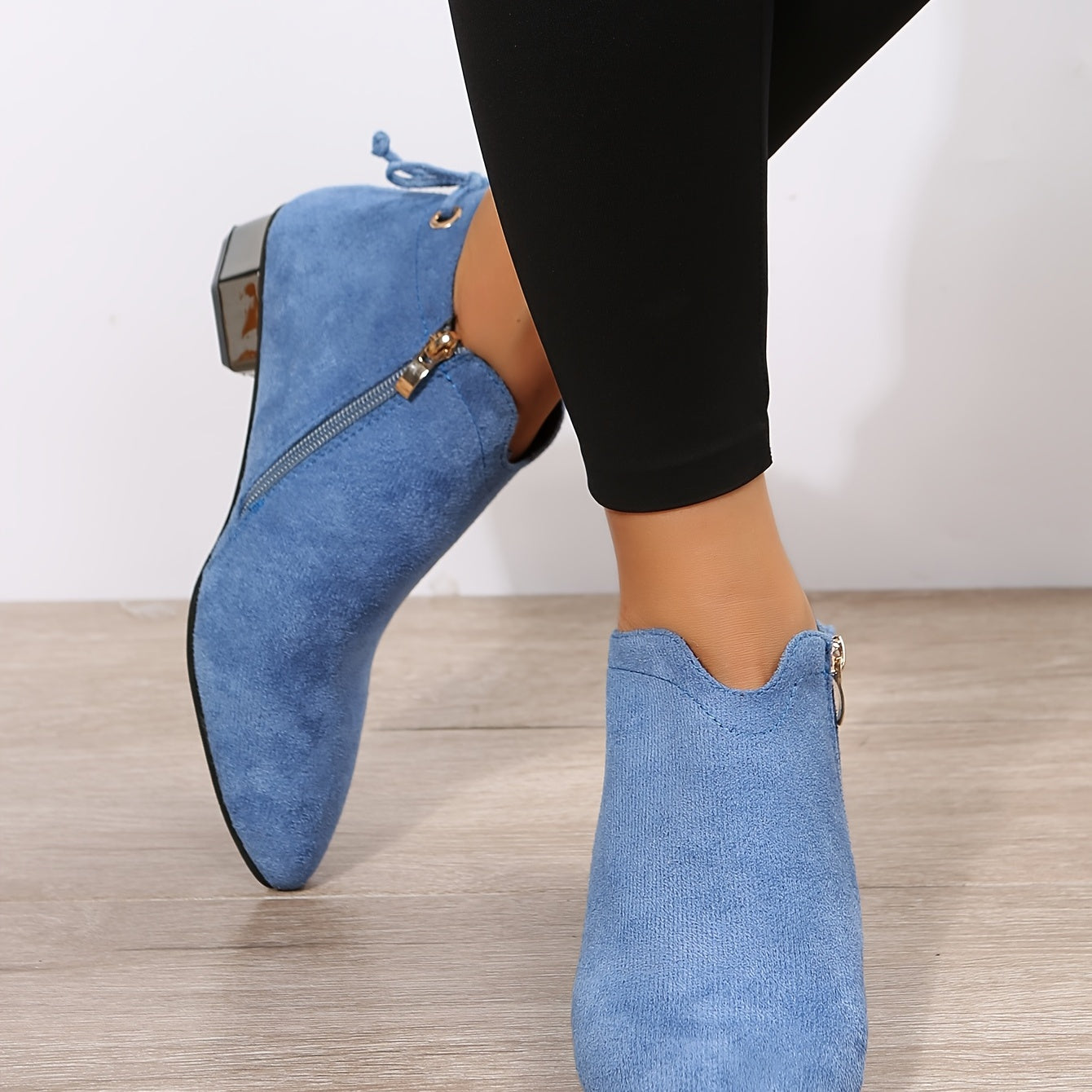 Women's Low Heel Ankle Boots Pointed Toe Side Zipper Block Heels