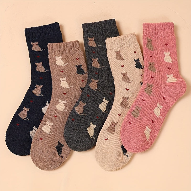 5 Pairs Cute Cat Print Socks Mid Tube Women's Stockings