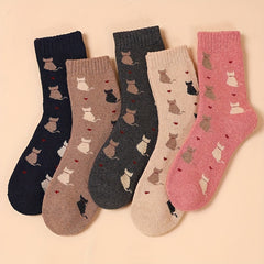 5 Pairs Cute Cat Print Socks Mid Tube Women's Stockings