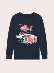 Kid's Vehicle Print Long Sleeve Top & Plaid Pants PJ Set