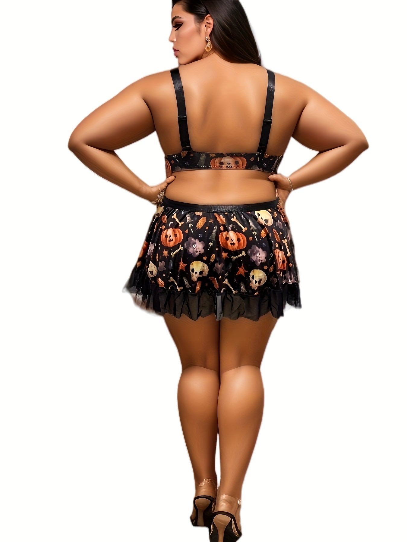 Skull & Pumpkin Print Lace Trim Bra & Skirt Set Halloween Costume