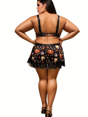 Skull & Pumpkin Print Lace Trim Bra & Skirt Set Halloween Costume