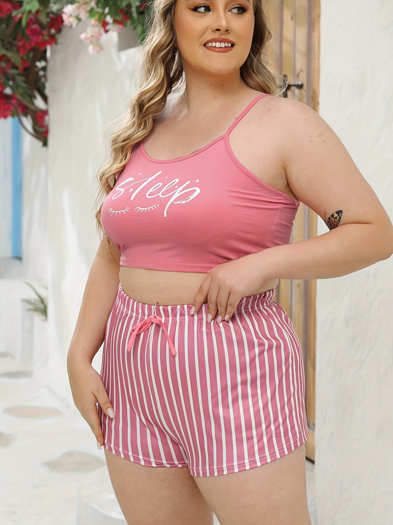 Letter Print Cami Crop Top & Striped Shorts Set