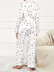Heart Print Pajama Set Long Sleeve Top & Pants Women's Sleepwear