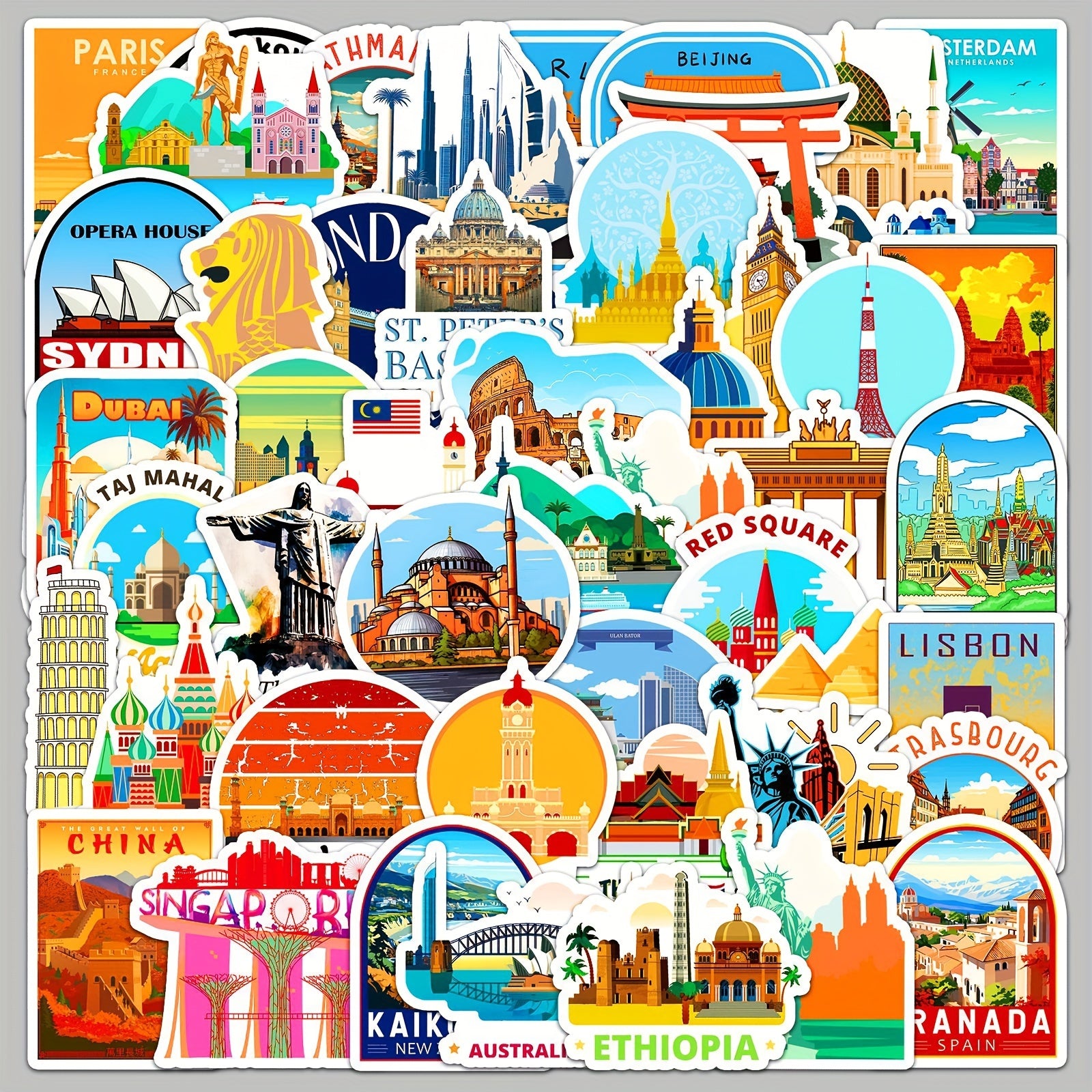50 Cartoon City Landmark Stickers For Laptop Helmet Desktop Water Cup