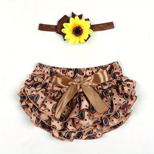 2pcs Baby Shorts Cashew Flower Satin PP Pants Sunflower Headband Set