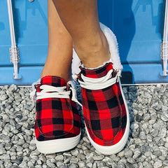 Women's Red Plaid Print Warm Sneakers Lightweight Comfortable Flat Sneakers